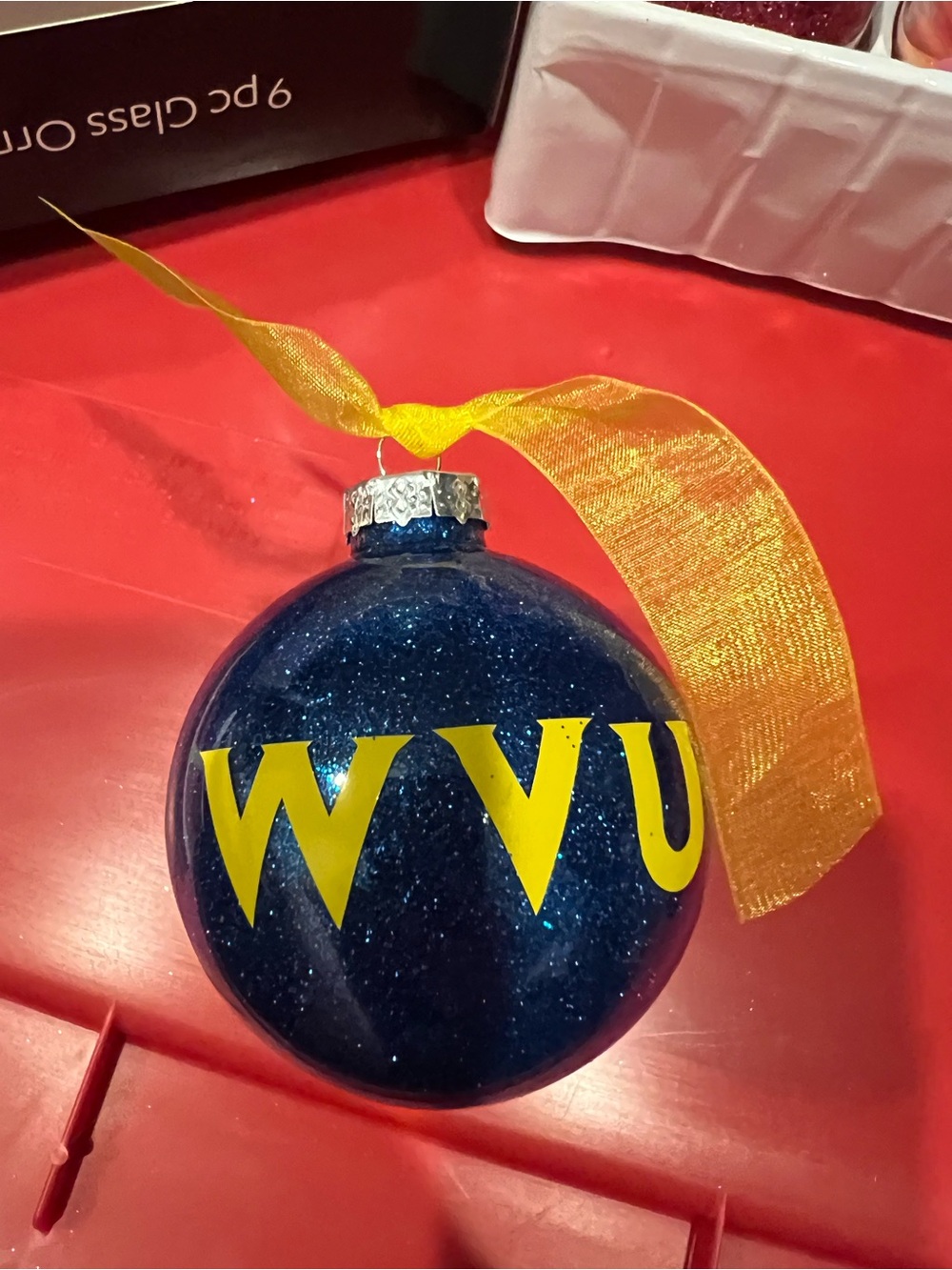 Handcrafted “WVU” Glitter Blue Holiday Glass Bulb Ornament with Gold Ribbon
